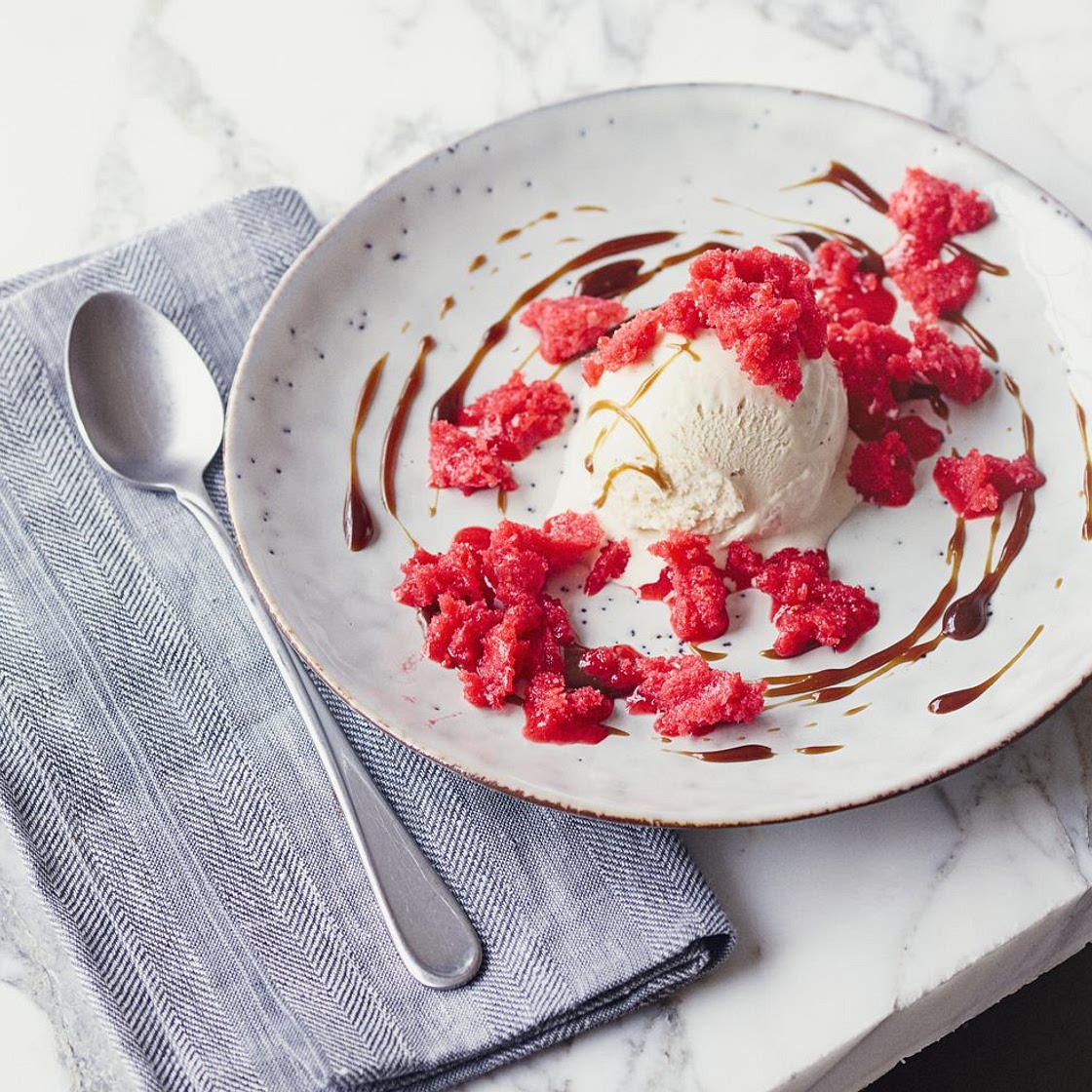 Raspberry granita with balsamic caramel