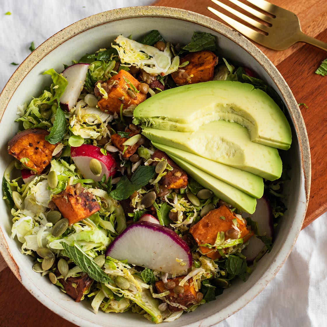 Vegan Fall Harvest Salad with Sweet Potatoes, Brussels Sprouts and Lentils