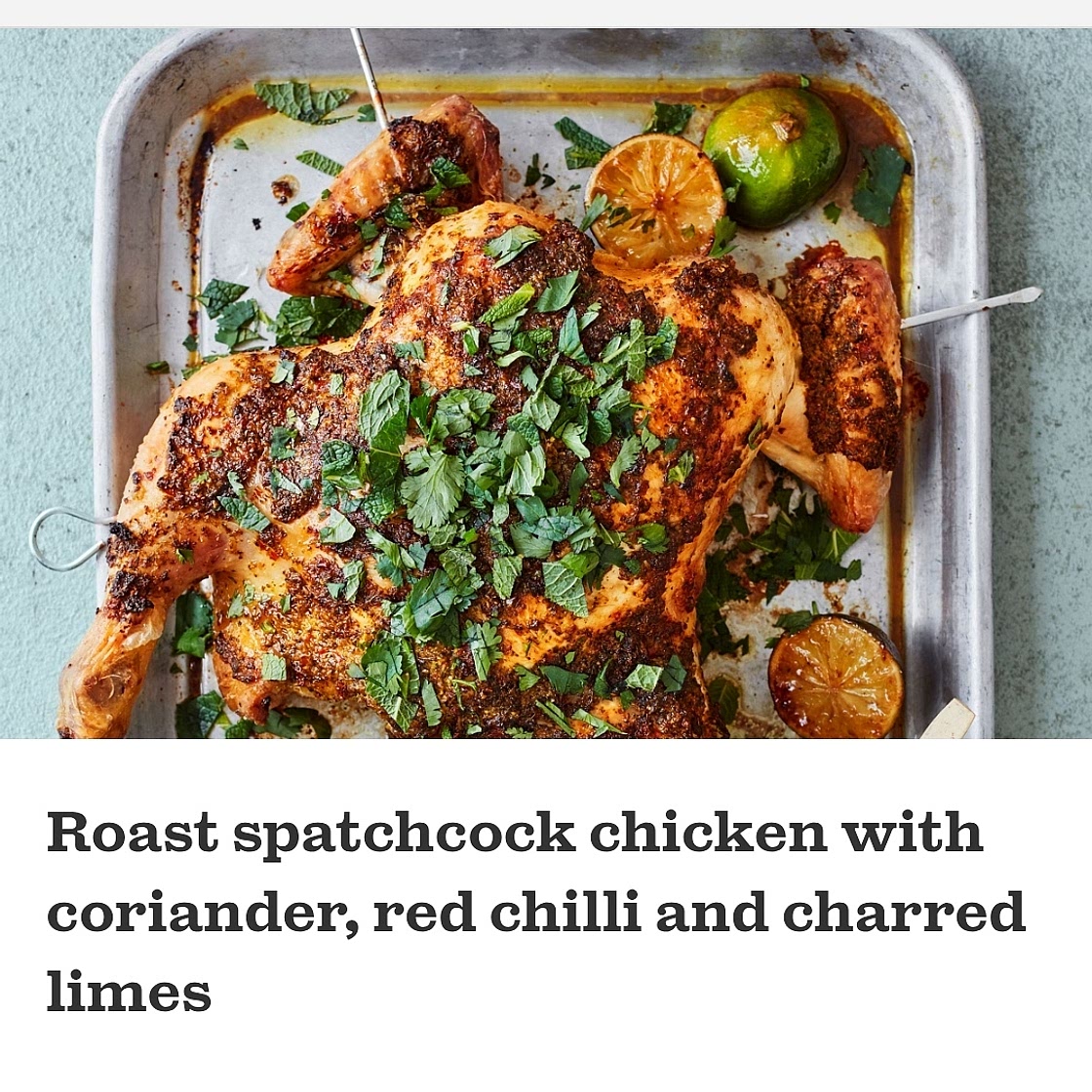 Roast spatchcock chicken with coriander, red chilli and charred limes