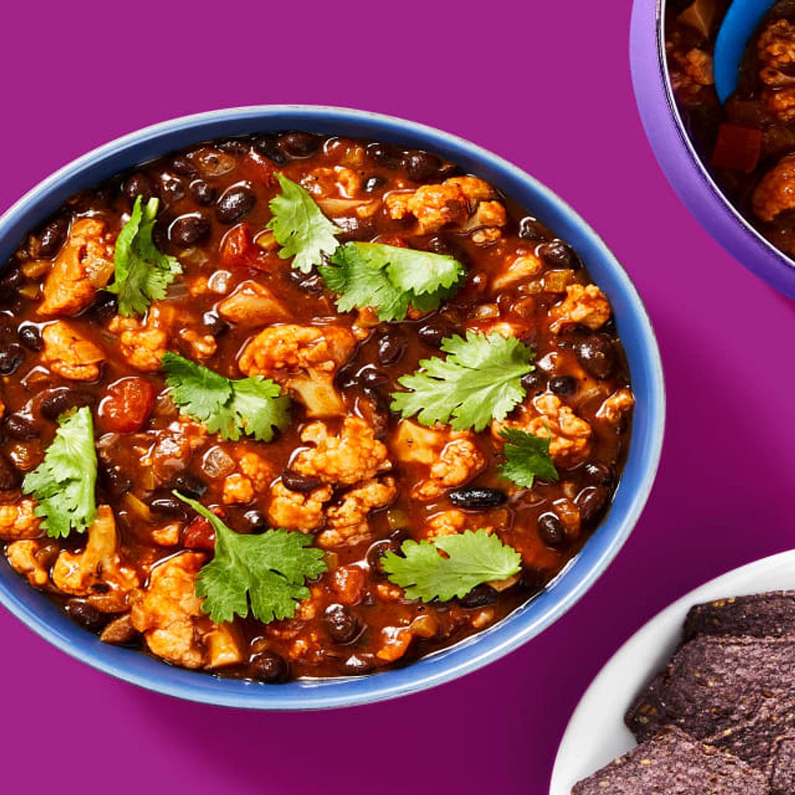 One-Pot Vegan Cauliflower & Bean Soup with Cilantro & Blue Corn Tortilla Chips