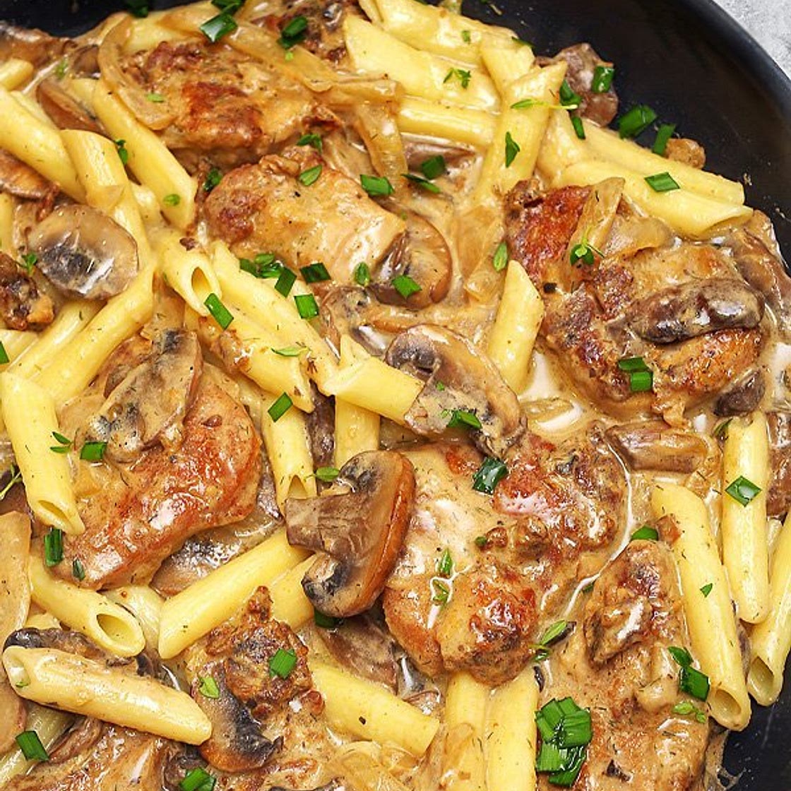 Pork Tenderloin in Creamy Mushroom Sauce and Pasta dinner