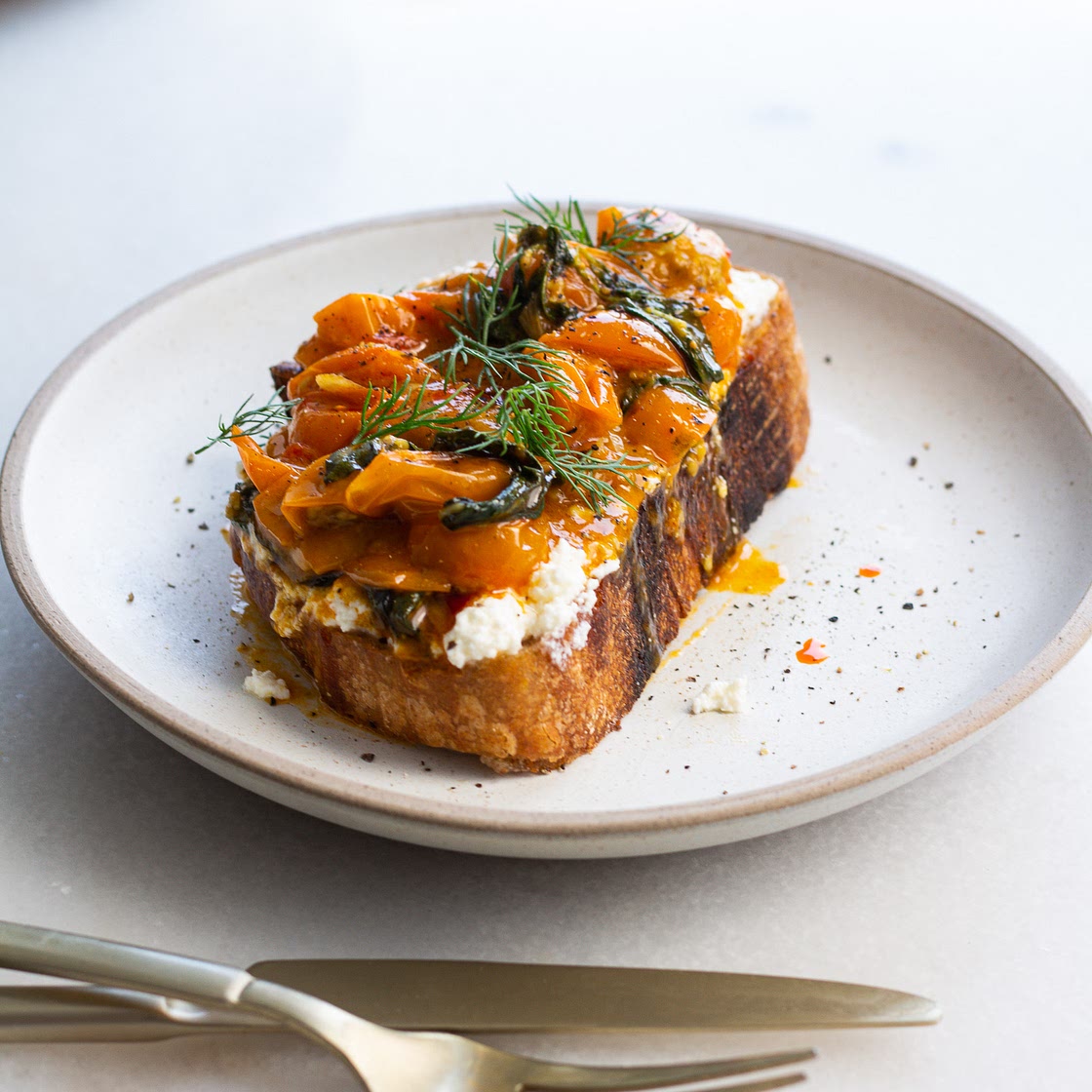 Chili Sungold Tomato Toast with Dill