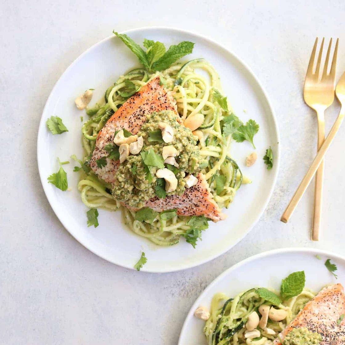 Salmon + Spicy Pesto Zoodles