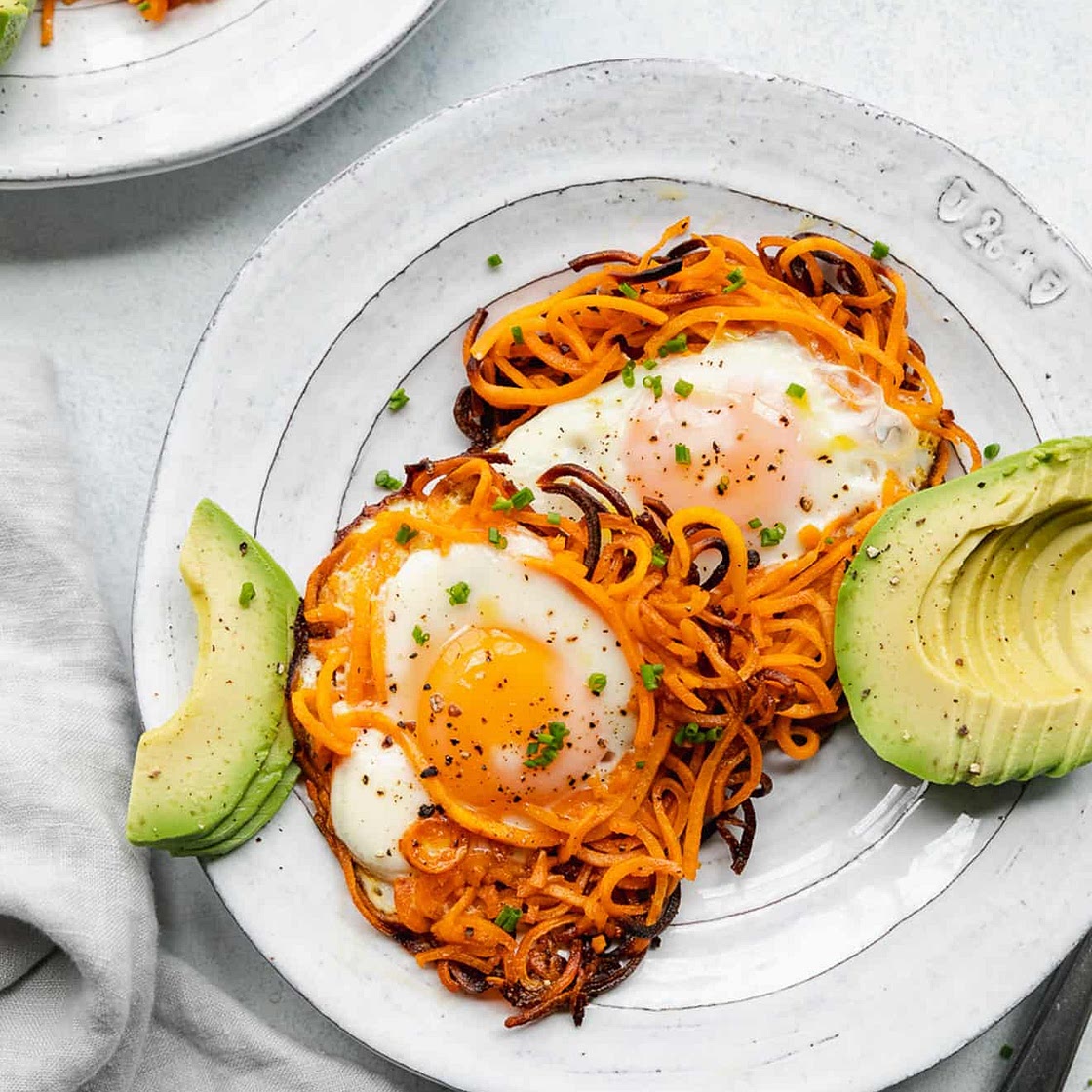 Spiralized Sweet Potato Noodle Egg Nests
