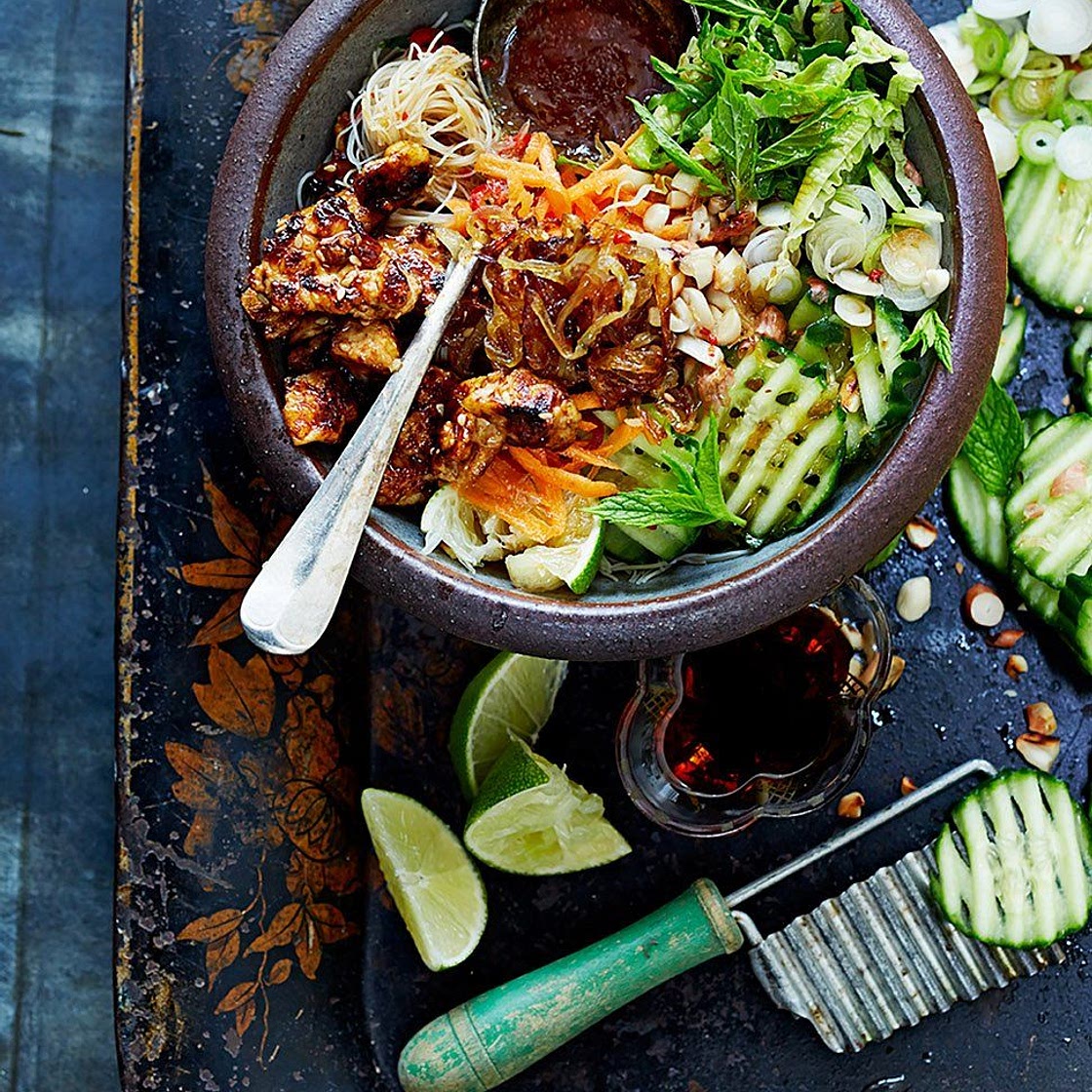 Vietnamese bun cha with sticky spicy tofu