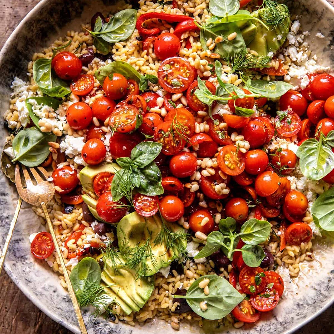 Greek Roasted Red Pepper Tomato Feta Orzo