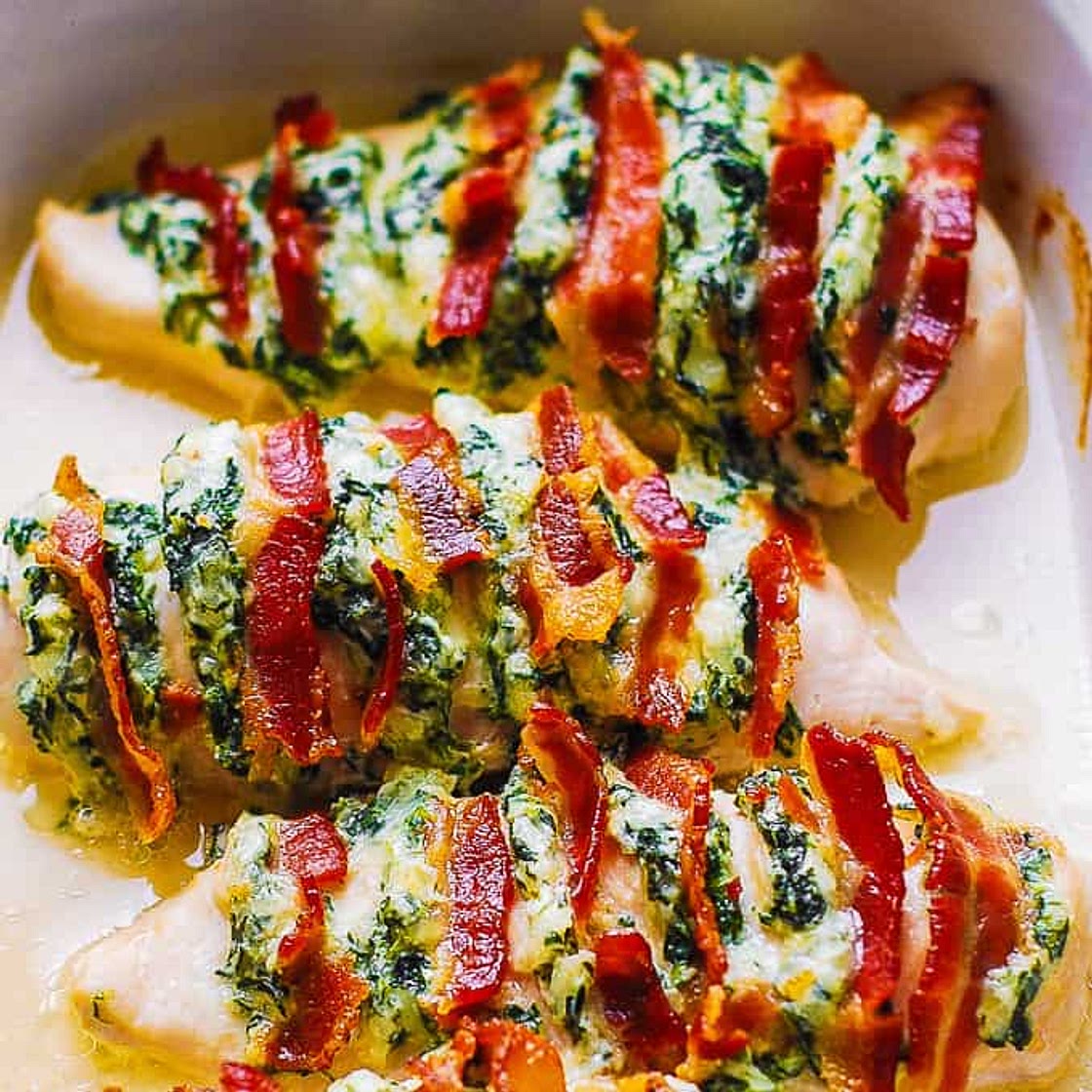 Hasselback Chicken with Bacon, Cream Cheese, and Spinach
