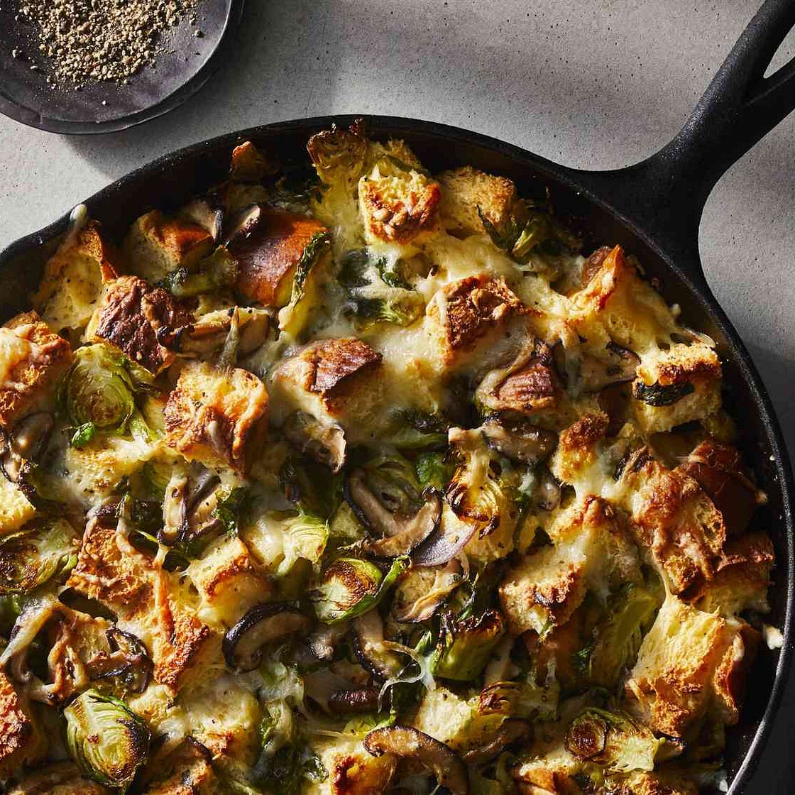 Cheesy Brussels Sprouts Bread Pudding