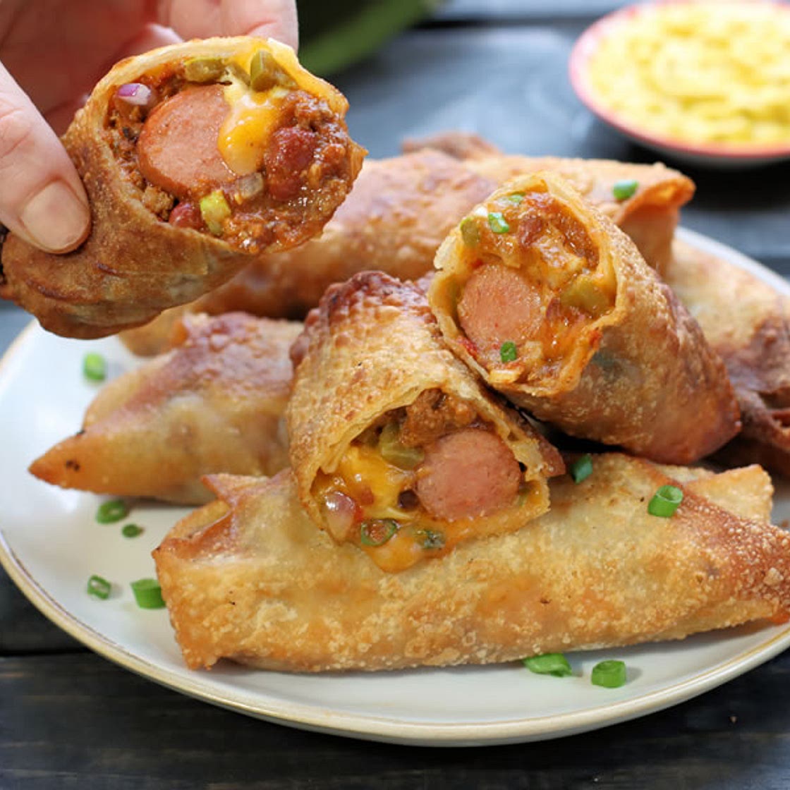 Chili Cheese Dog Egg Rolls (Fry, Air-Fry or Bake)