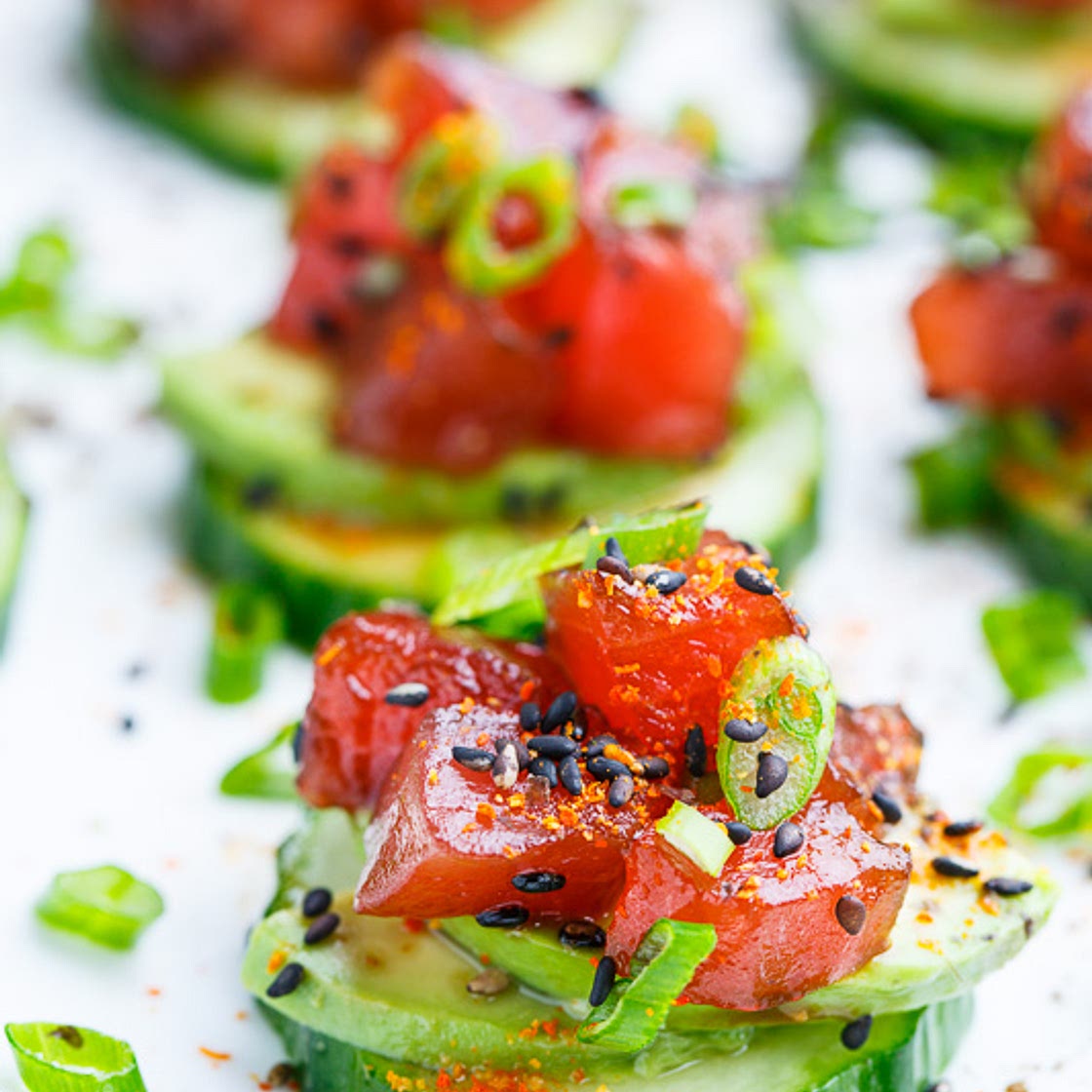 Spicy Tuna and Avocado Cucumber Sushi Bites