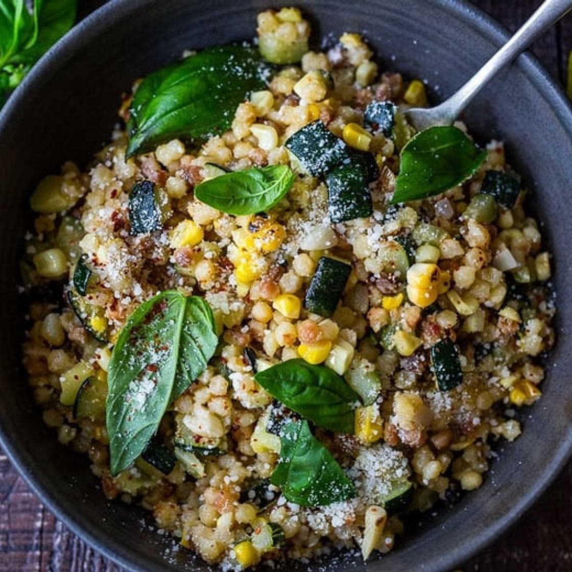 Fregola with Corn, Zucchini & Basil