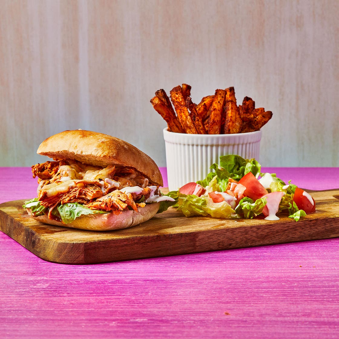 Mexican-Style Pulled Chicken Burger With Paprika Fries