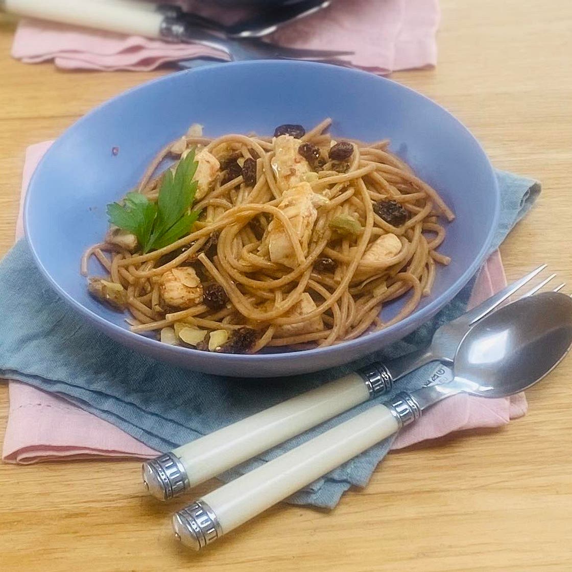 Chicken Spaghetti Recipe with olives, sun-dried tomatoes, raisins and almonds
