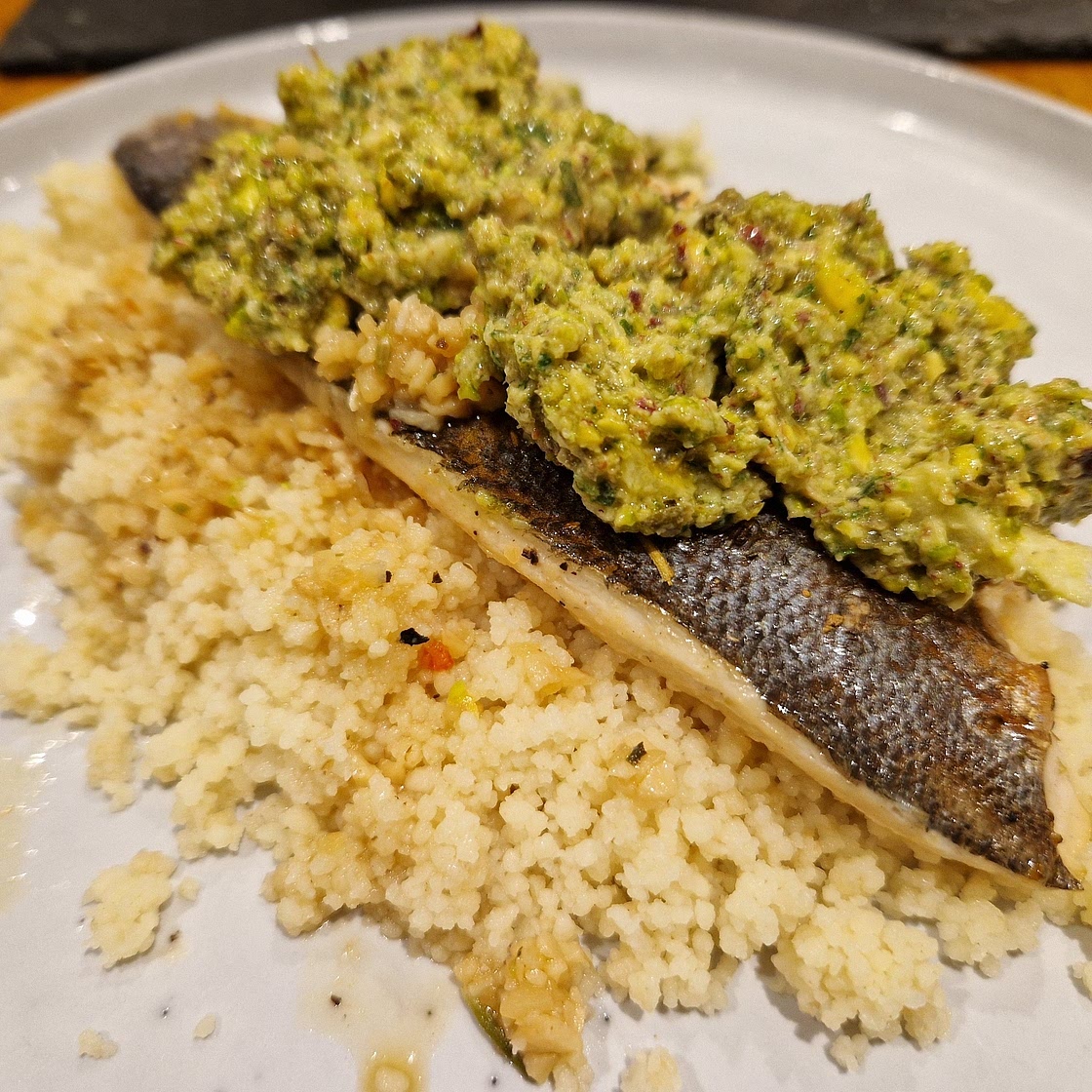 Baked Chilean Seabass with Pistachio Caper Salsa and Couscous