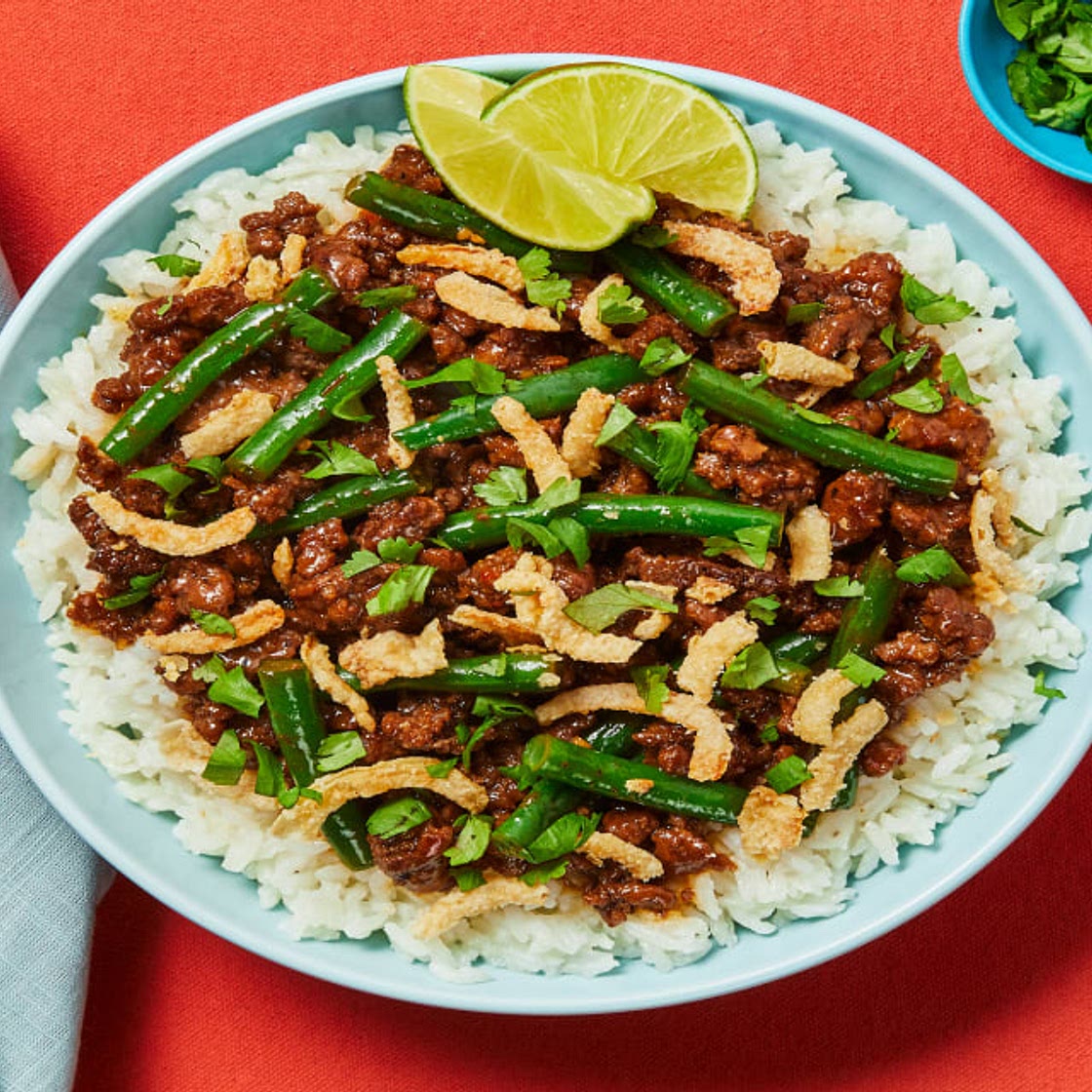 Sweet Chili Beef & Green Bean Bowls with Jasmine Rice, Crispy Onions & Cilantro
