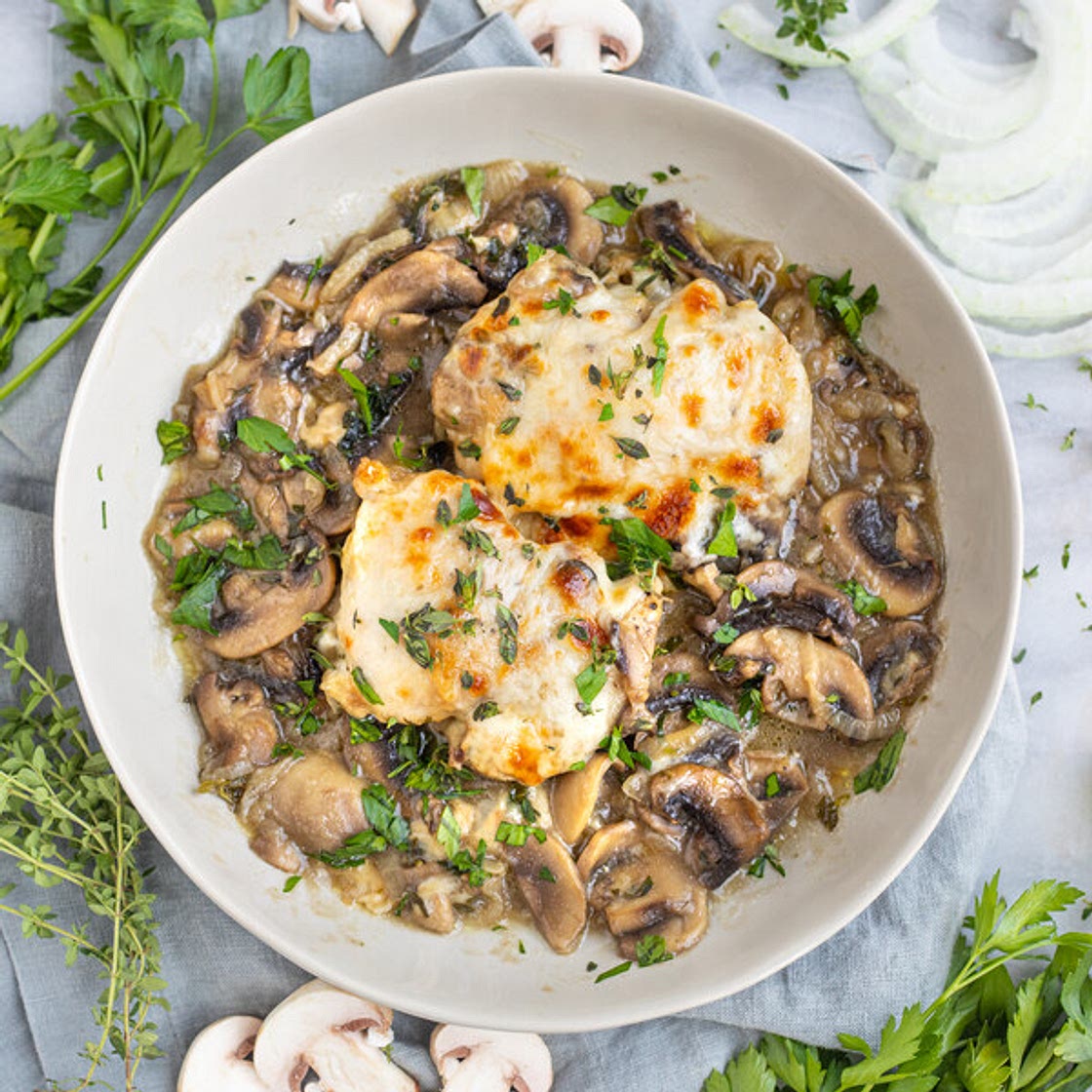 Cheesy "French Onion" Chicken Thighs with Mushrooms, Thyme & Parsley