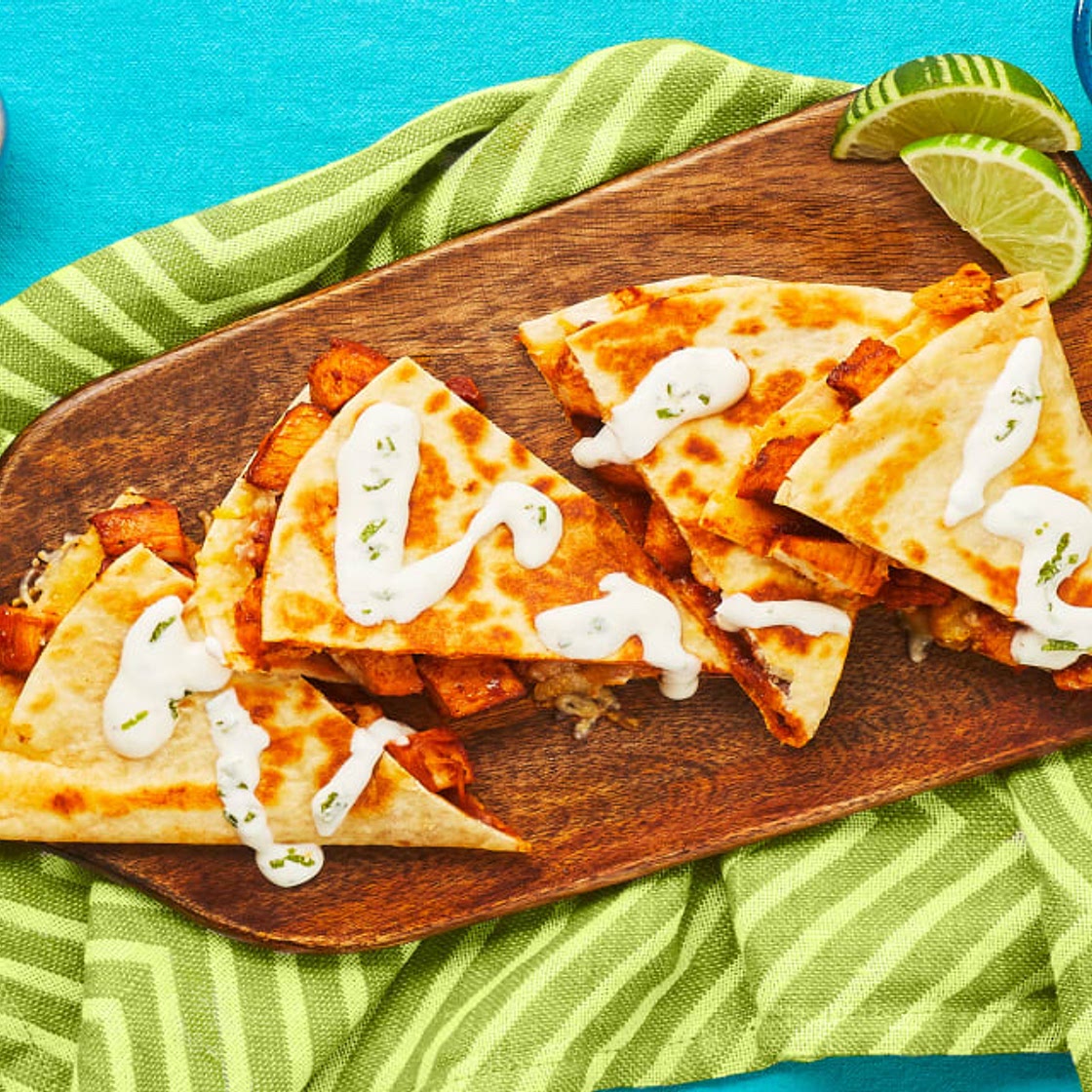 BBQ Chicken Quesadillas with Pickled Jalapeño & Zesty Crema