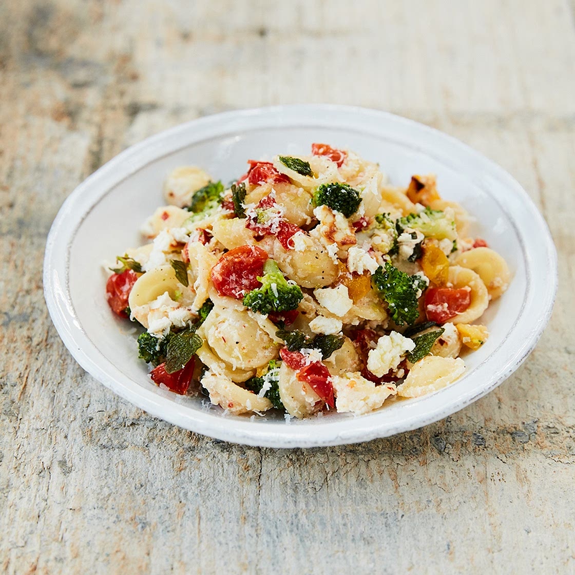 Baked ricotta & tomato orecchiette with broccoli, fresh oregano & chilli