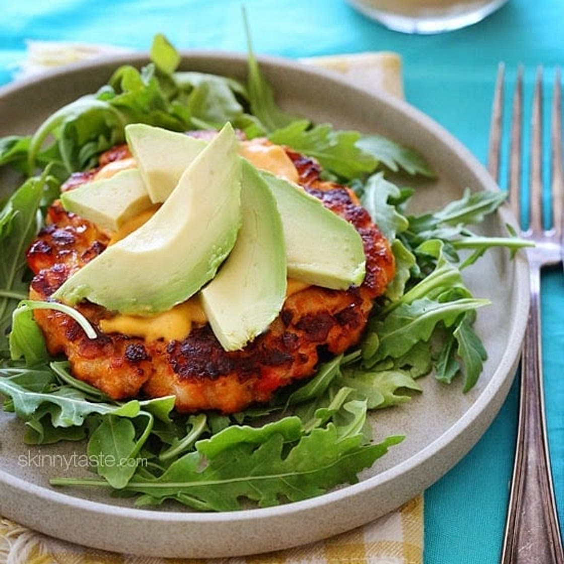 Naked Salmon Burgers with Sriracha Mayo