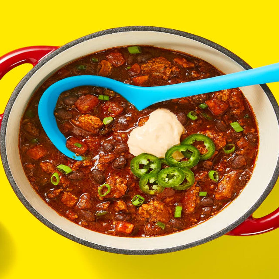 One-Pot Cowboy Pork & Bean Chili with Jalapeño & Smoky Red Pepper Crema