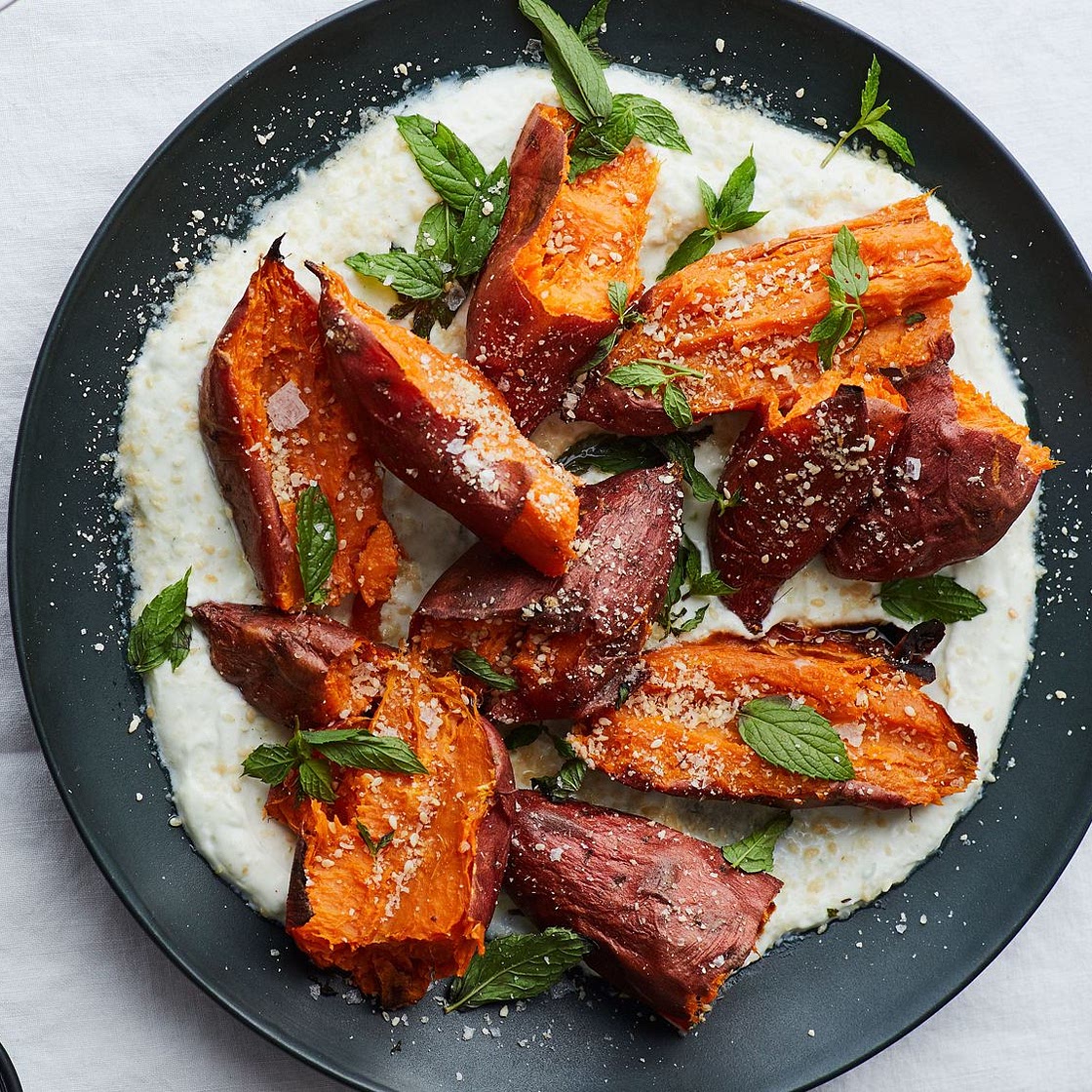 Roasted Sweet Potatoes with Chile Yogurt and Mint