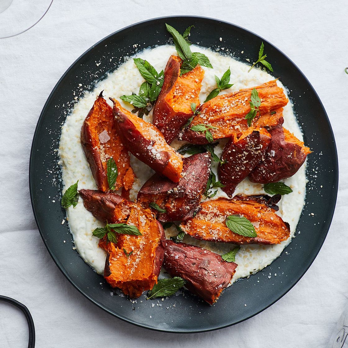 Roasted Sweet Potatoes with Chile Yogurt and Mint