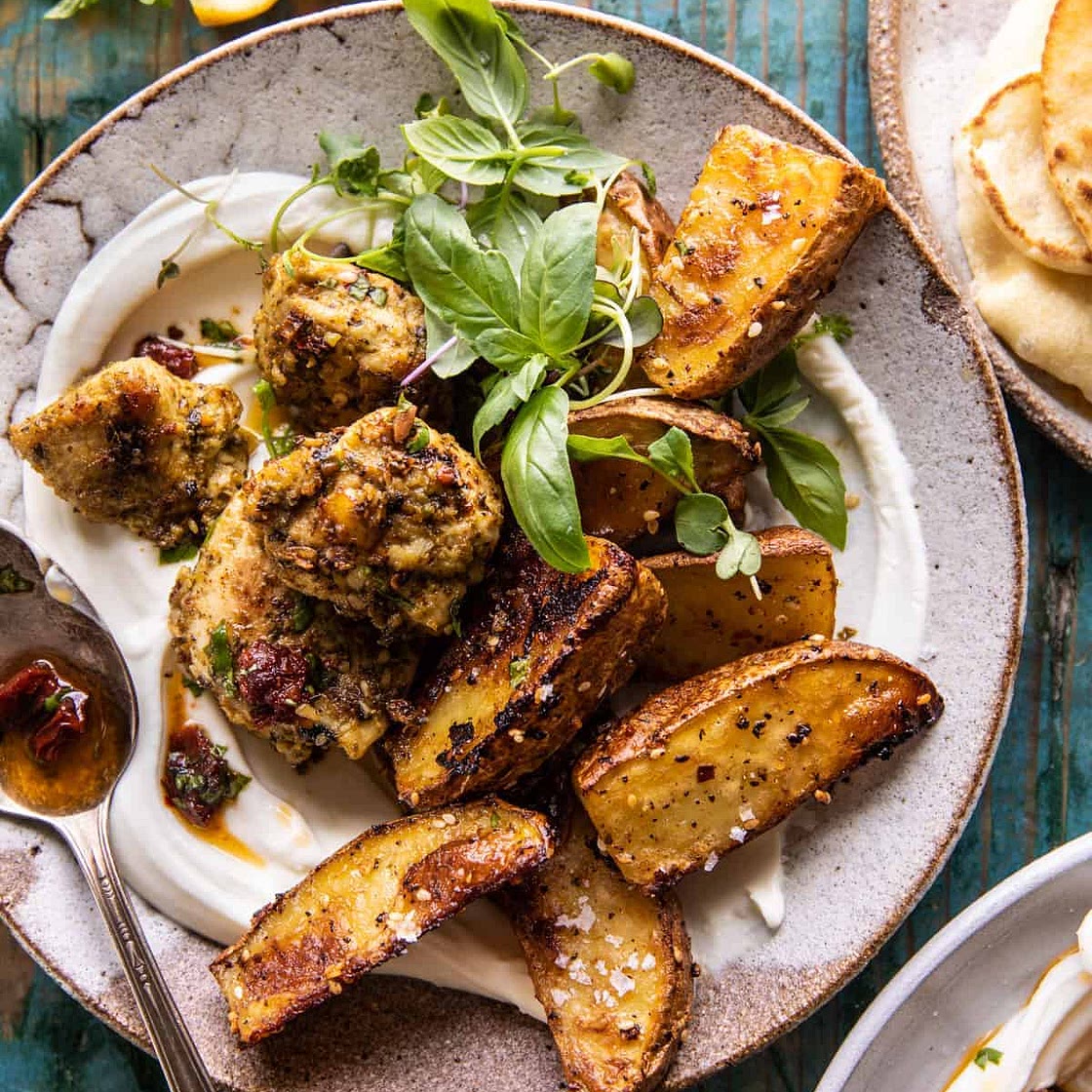 Sheet Pan Pesto Chicken and Lemon Butter Potatoes with Whipped Feta