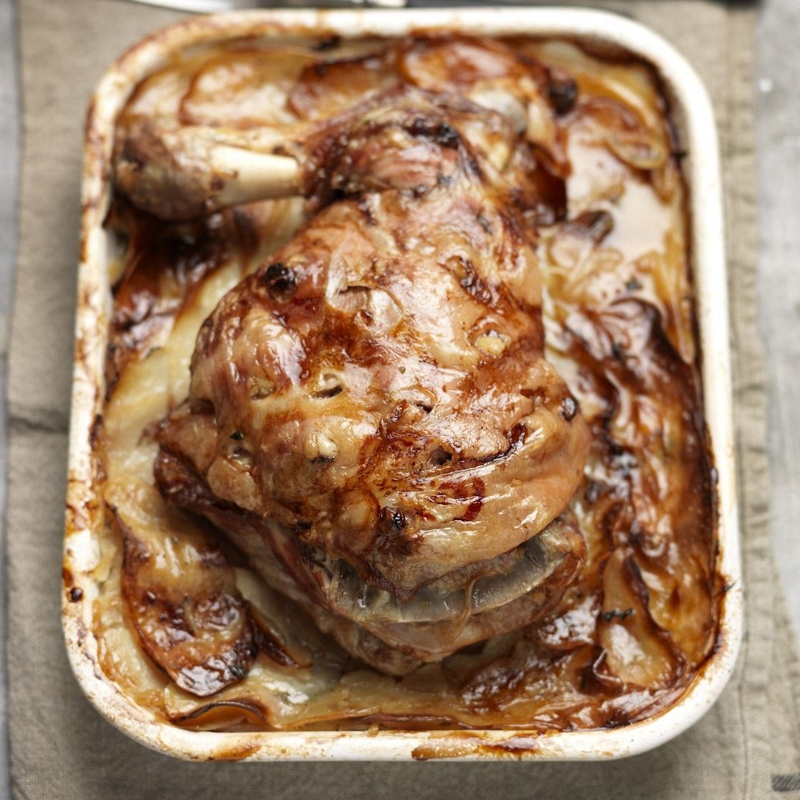 Slow roast lamb with boulangère potatoes