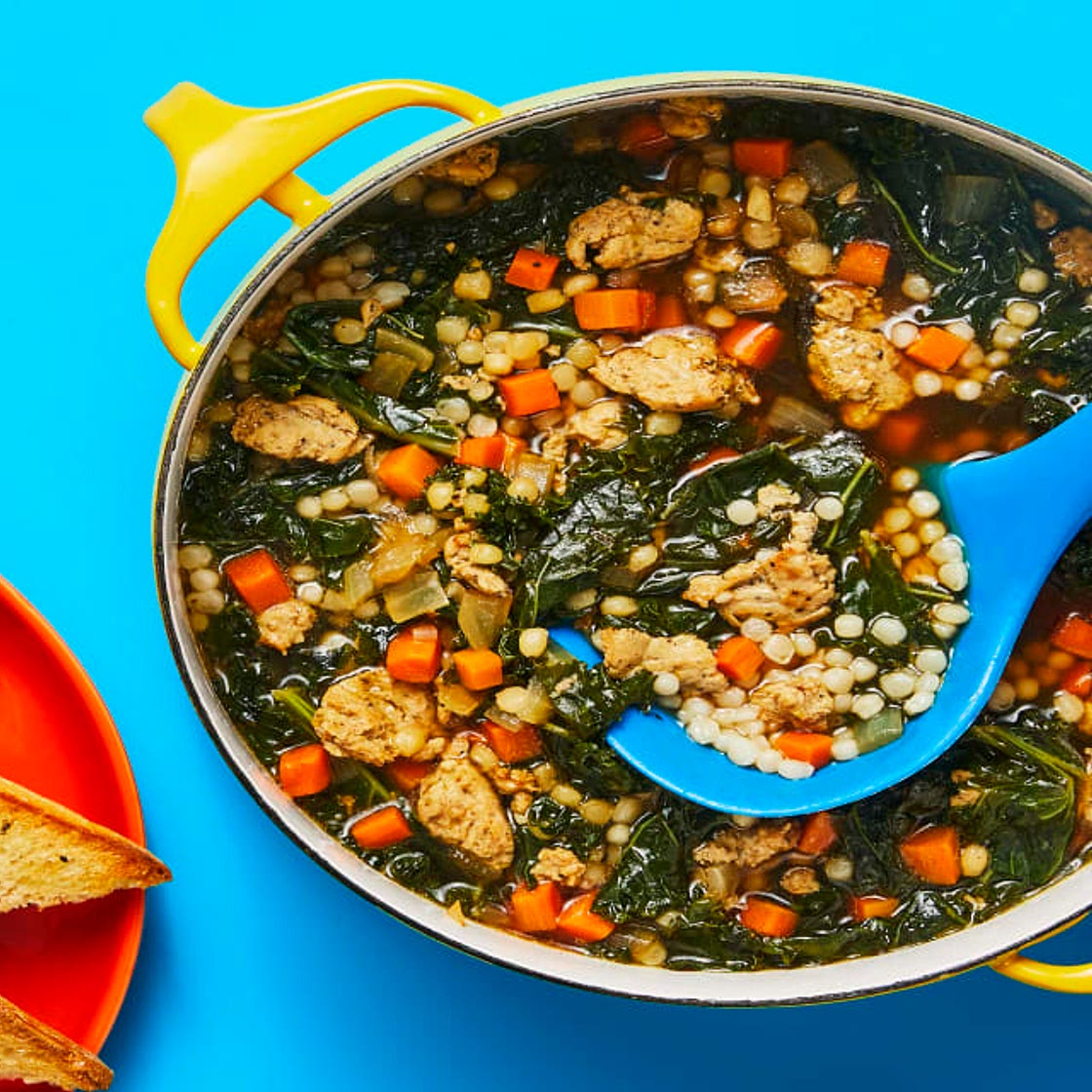 One-Pot Chicken Sausage & Kale Soup with Couscous & Garlic Ciabatta Toasts