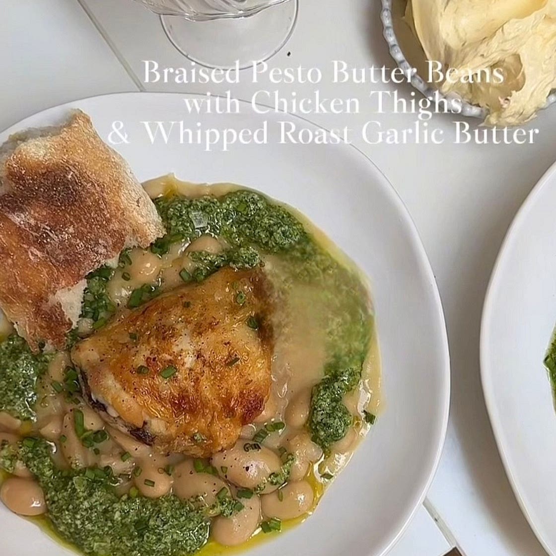 Braised Pesto Butter Beans with Crispy Chicken Thighs