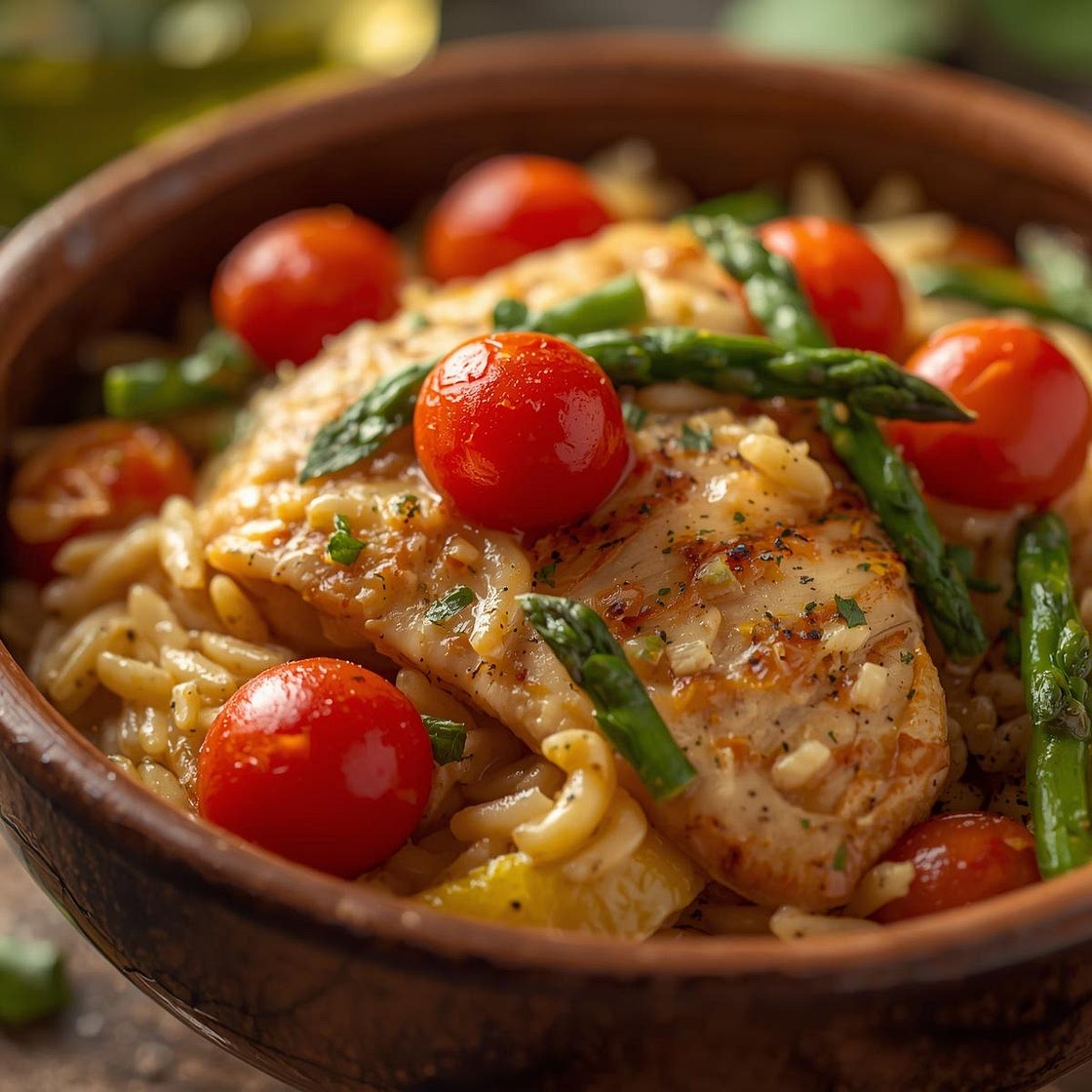 Lemon Chicken Orzo with Tomatoes and Asparagus Recipe
