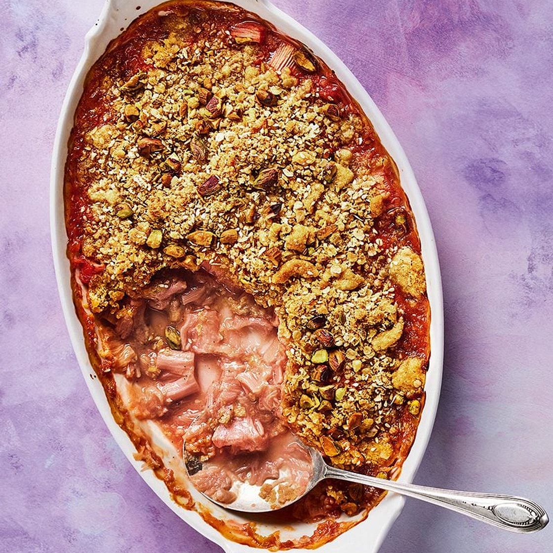 Rhubarb, rose and pistachio crumble