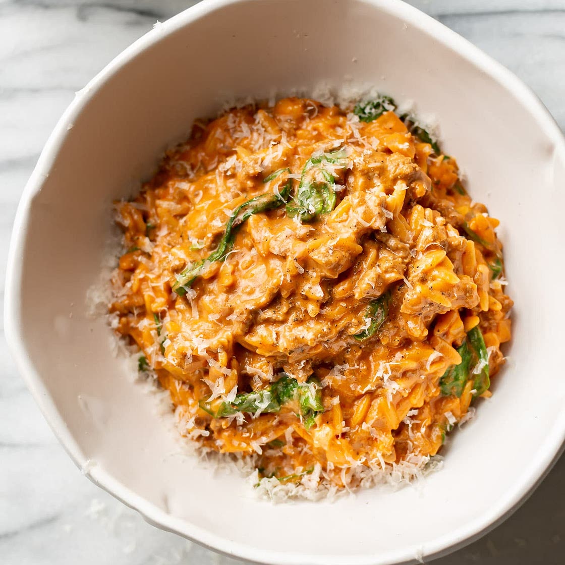 Ground Beef Orzo with Tomato Cream Sauce