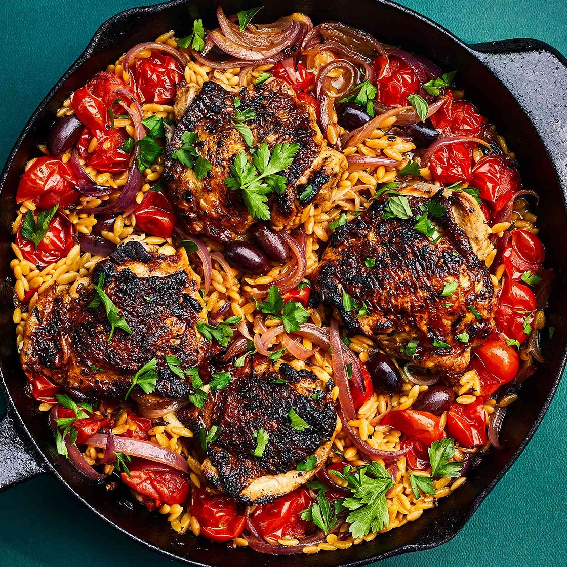 Skillet Chicken with Orzo & Tomatoes