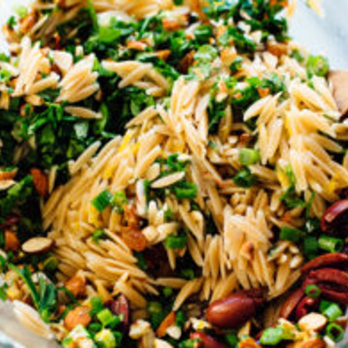 Orange Orzo Salad with Almonds, Feta and Olives