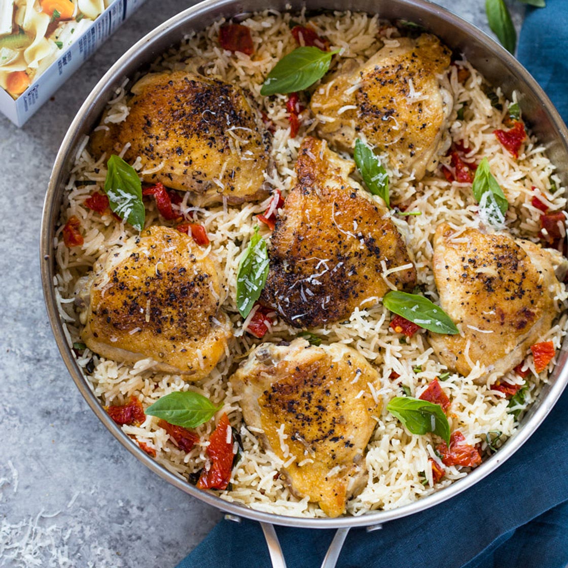 30 Minute Sun-dried Tomato, Parmesan, and Basil Chicken and Rice
