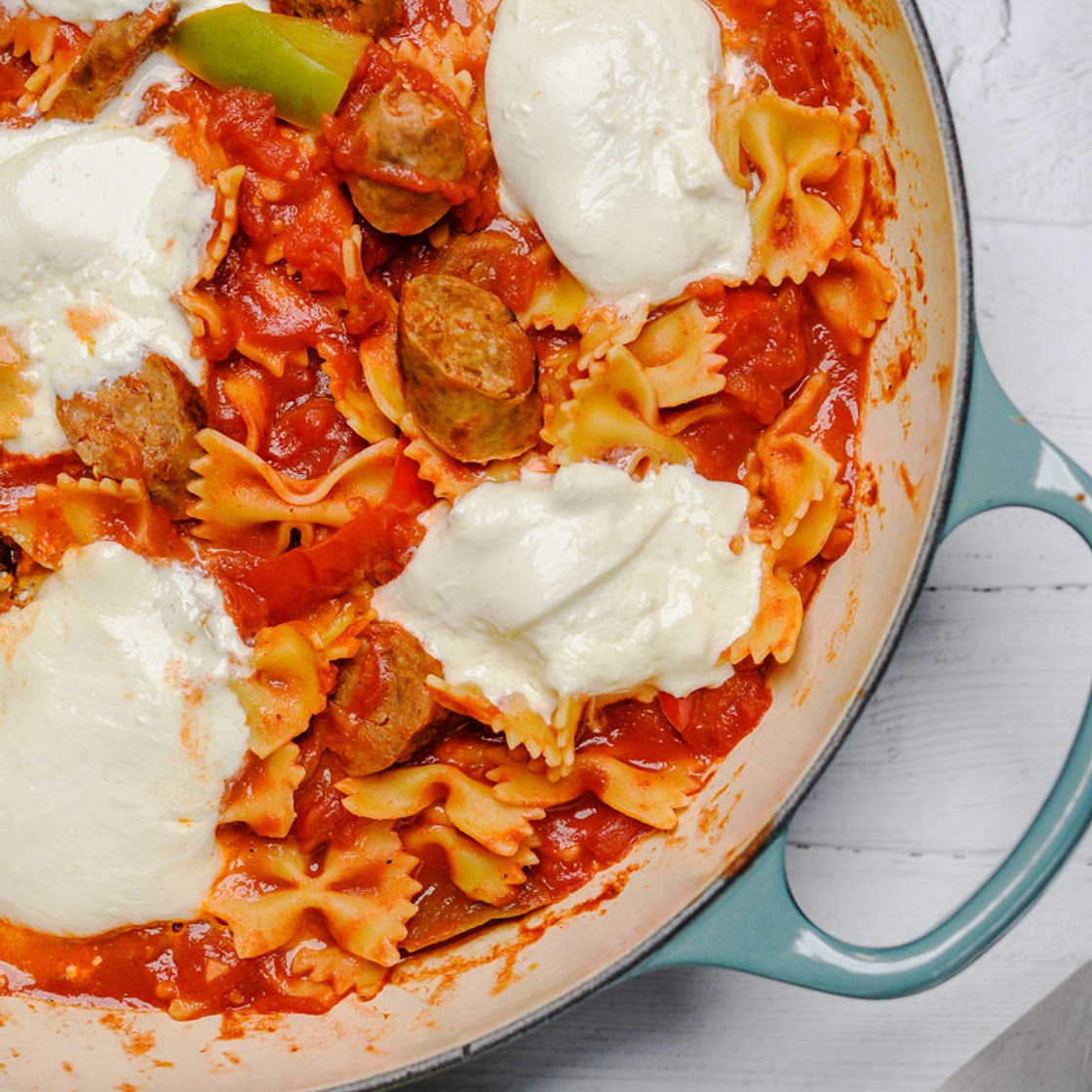 Peppers Sausage and Pasta with Burrata Cheese
