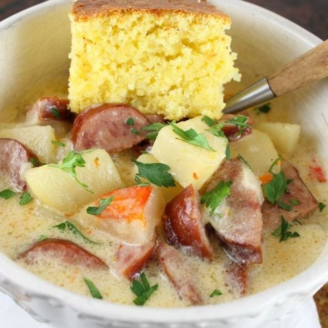 Slow Cooker Cheesy Smoked Sausage and Idaho Potato Soup
