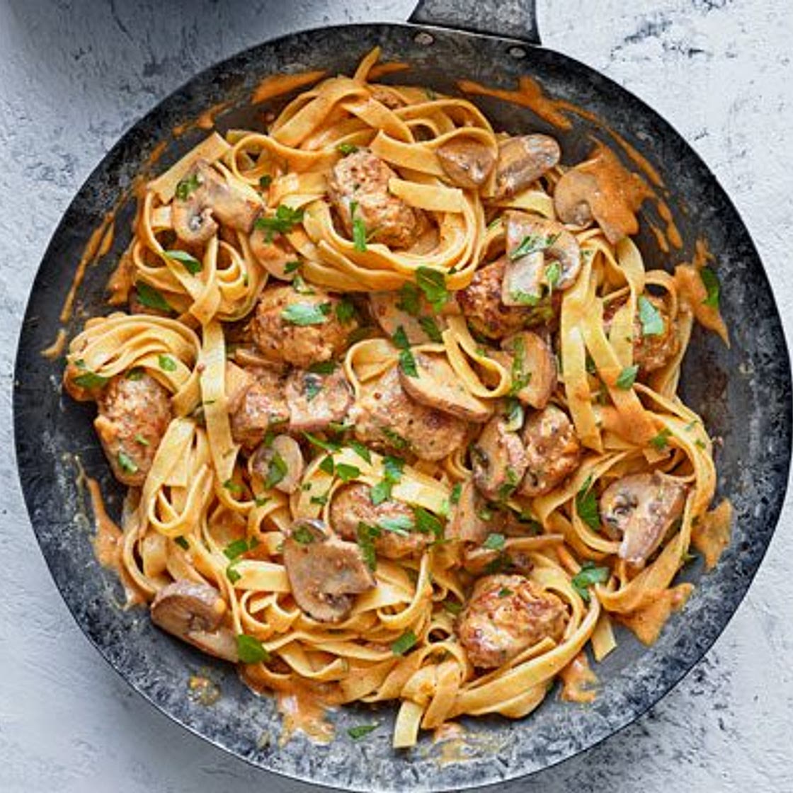 Speedy sausage stroganoff tagliatelle