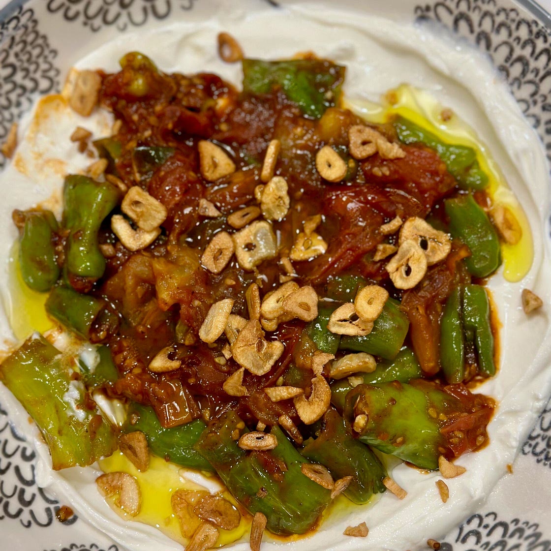 Shishito Peppers and Tomatoes with Labneh