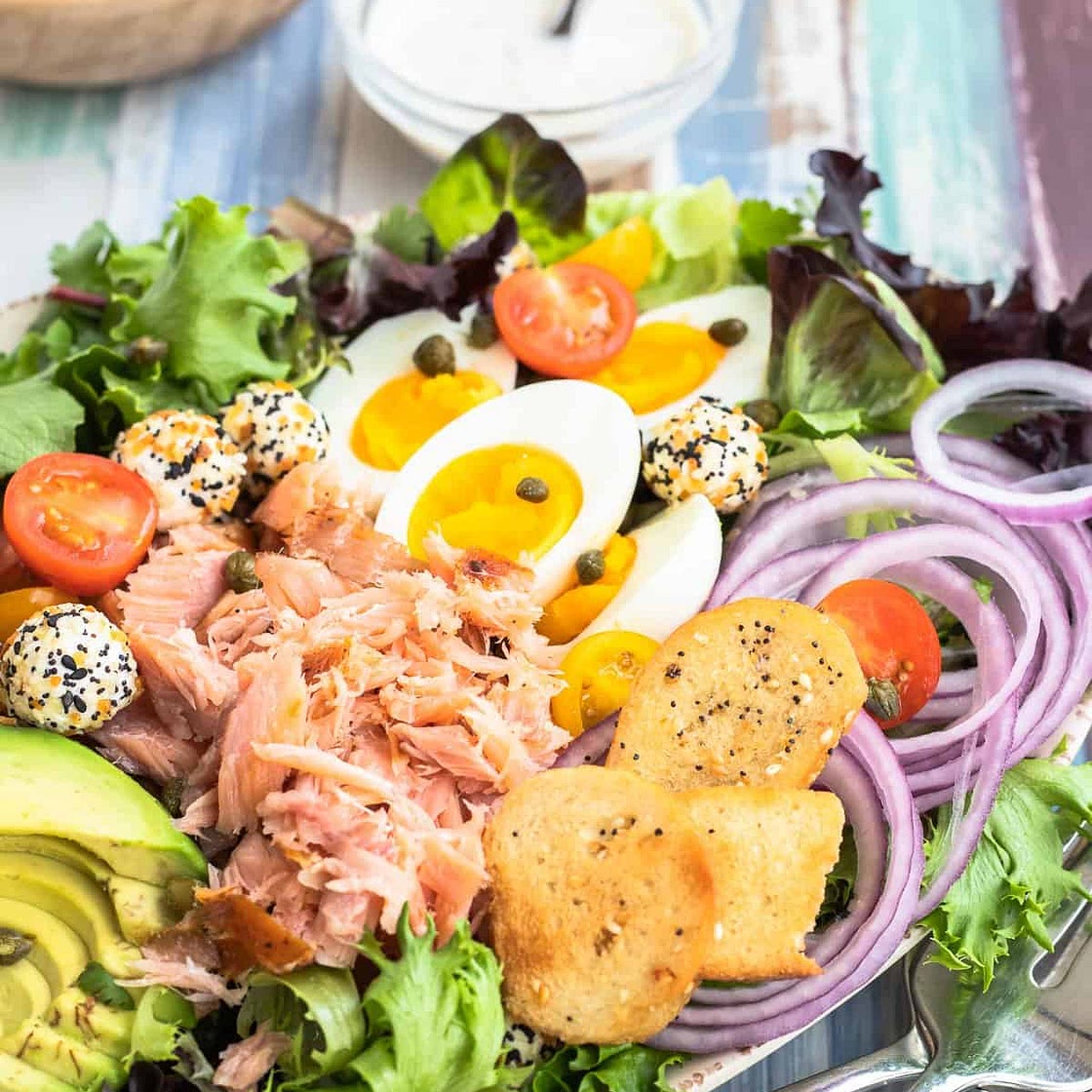 Cobb Salad with Salmon and Everything but the Bagel Dressing