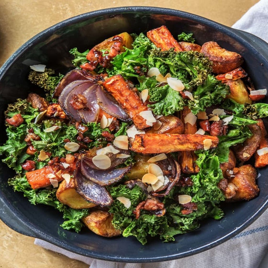 Roast Potato, Bacon and Crispy Kale Salad with Honey and Almonds