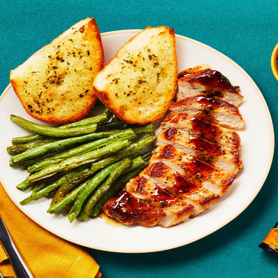Balsamic Rosemary Pork Chops with Colavita Aged Balsamic Vinegar of Modena, Garlic Herb Toast & Roasted Green Beans