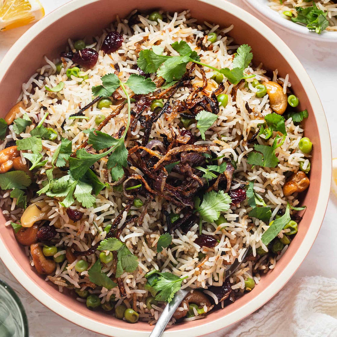 Peas Pulao with Fried Onions Recipe