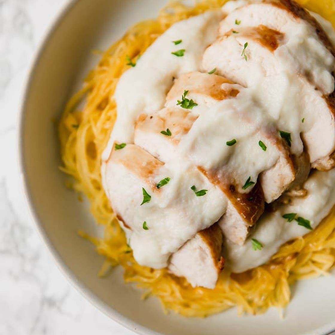 Paleo Spaghetti Squash Chicken Alfredo
