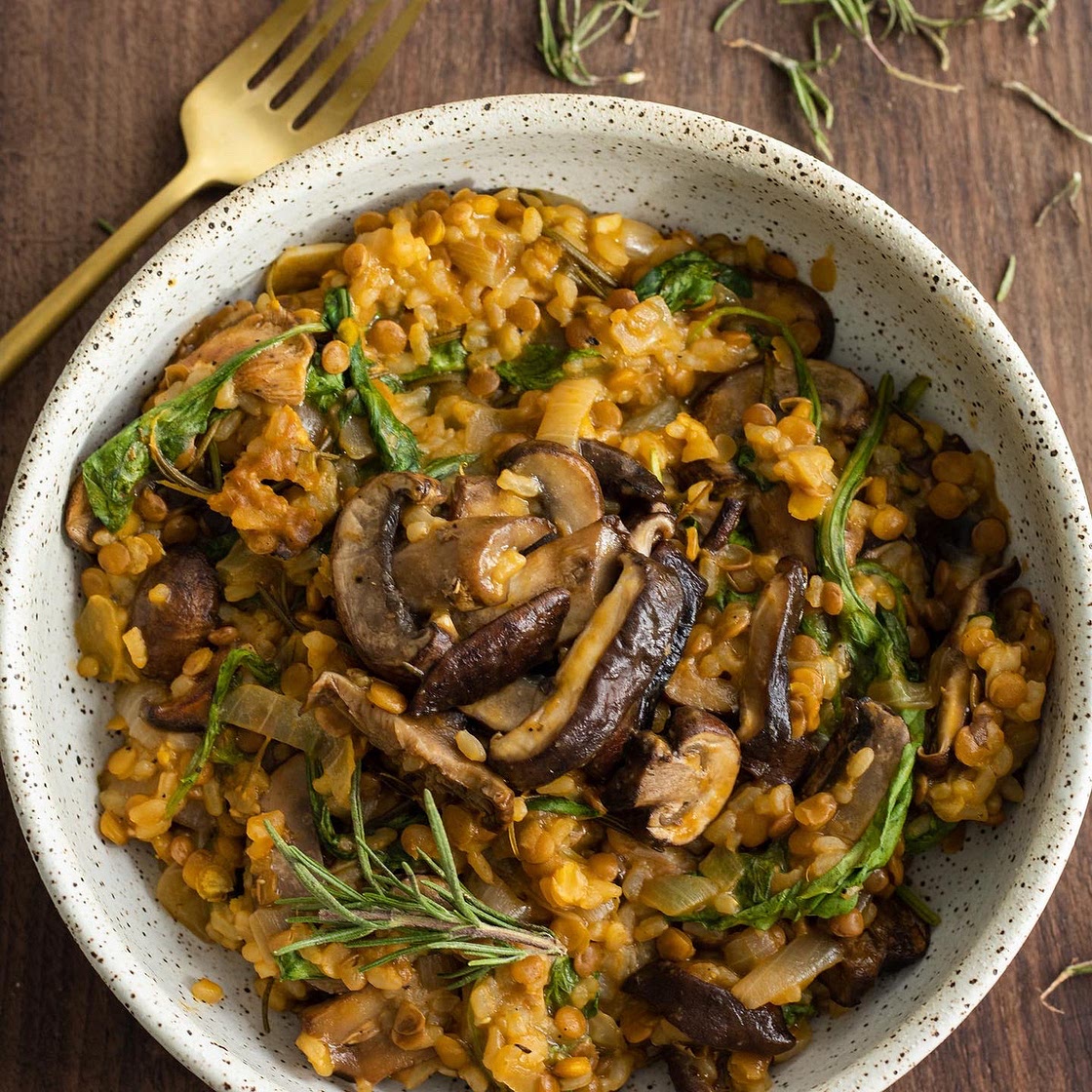 vegan high protein mushroom lentil risotto