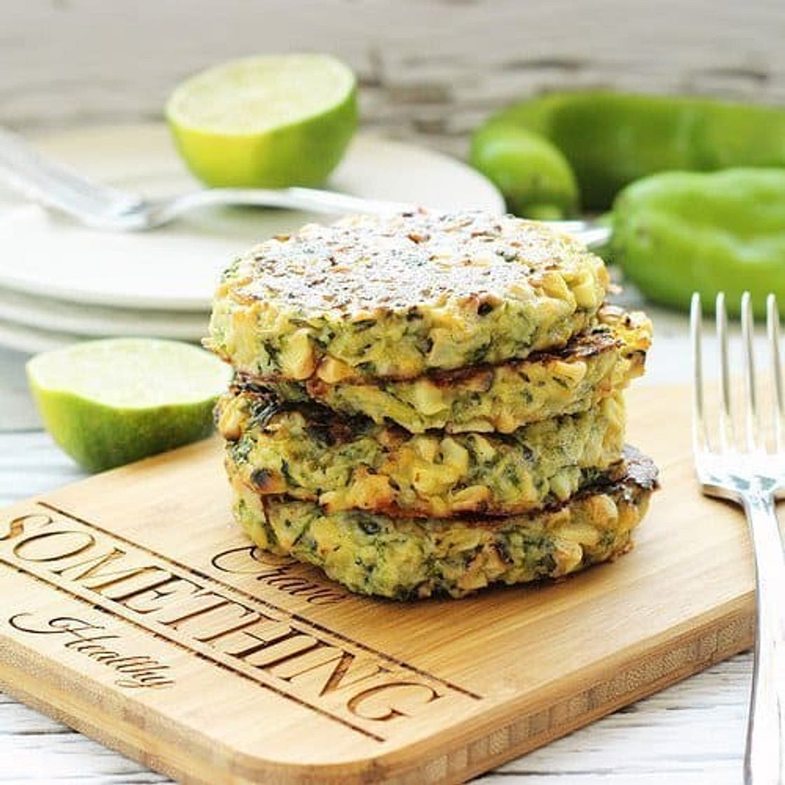 Baked Zucchini Fritters with Grilled Corn and Hatch Chiles