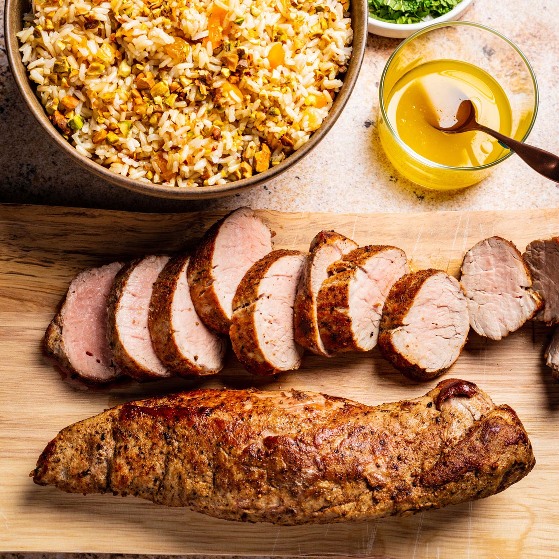 Spiced Pork Tenderloin and Brown Rice with Fruit and Pistachios