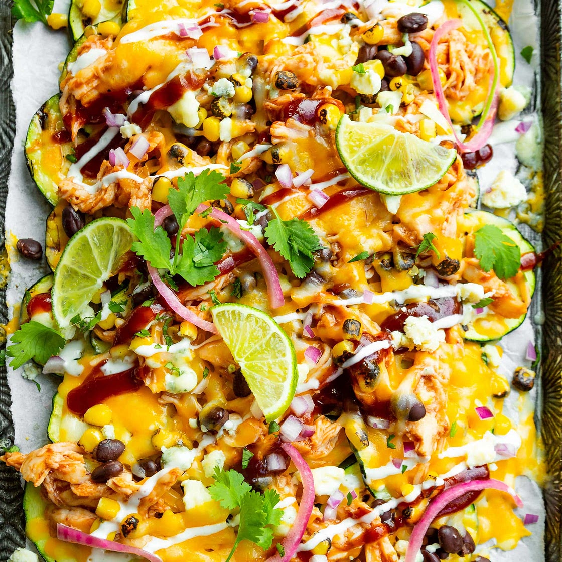 Cheesy BBQ Chicken Zucchini Nachos