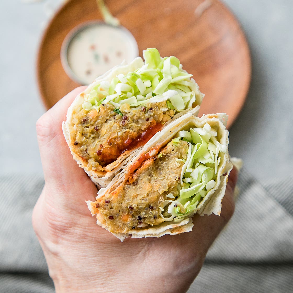 SPICY QUINOA-LENTIL WRAPS + TAHINI SAUCE